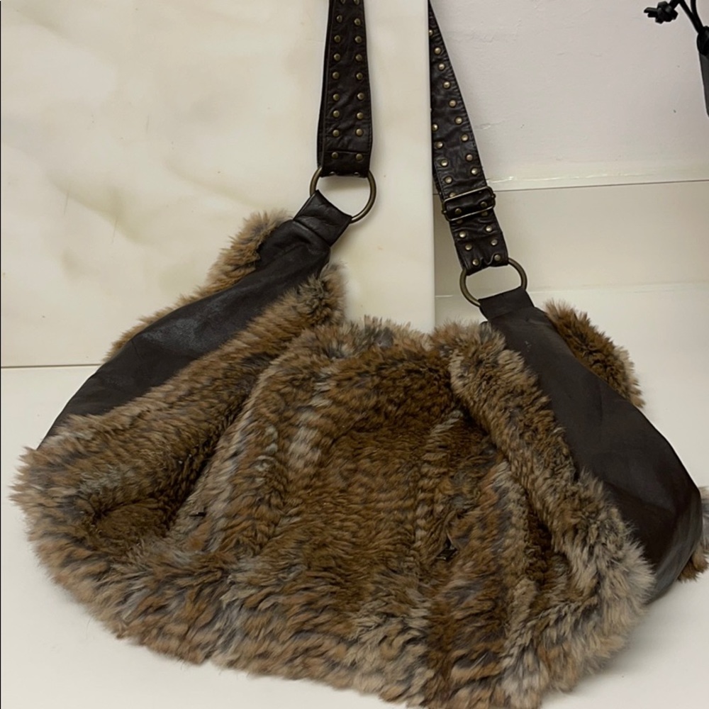 vintage brown rabbit fur& leather xl crossbody bag